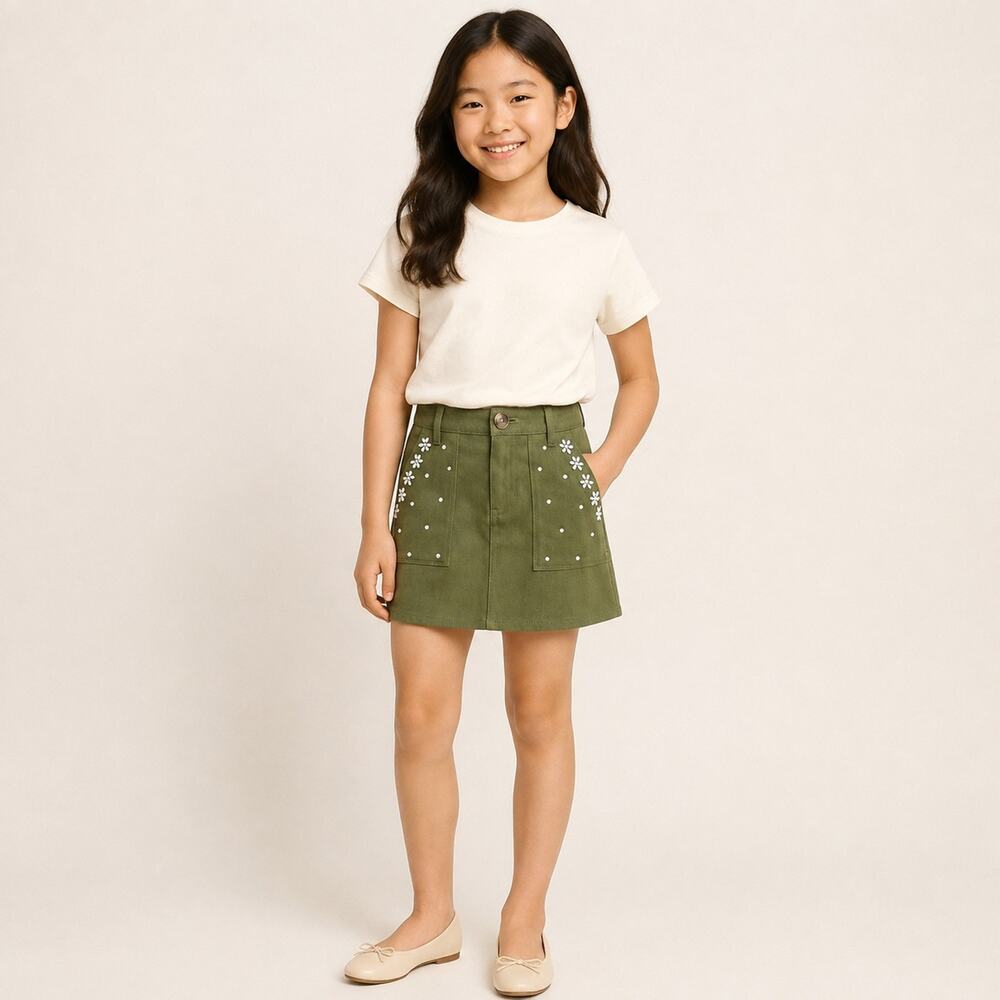 Crewcuts Mini Skirt GIRLS 7 Green Cotton Stretch Floral Embellished Cottagecore